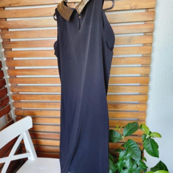 Howard Showers midi dress size 10 black stretch knit embellished gold collar - Picture 9 of 10